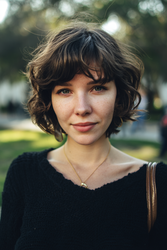A woman with a curly brunette bob and a full curly fringe.