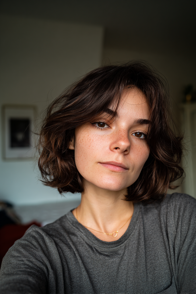 A woman with a tousled chocolate brown wavy bob and soft face framing pieces.