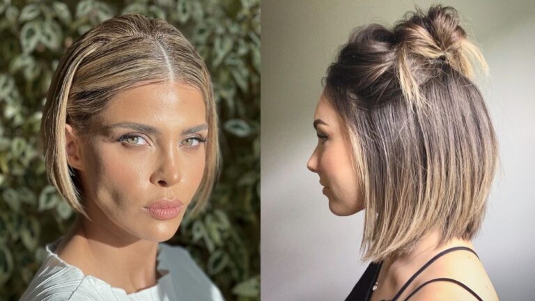 Side-by-side comparison of a woman wearing a sleek, center-parted blonde short bob tucked behind her ears and another woman showcasing the same short bob styled into a trendy half-up top knot.