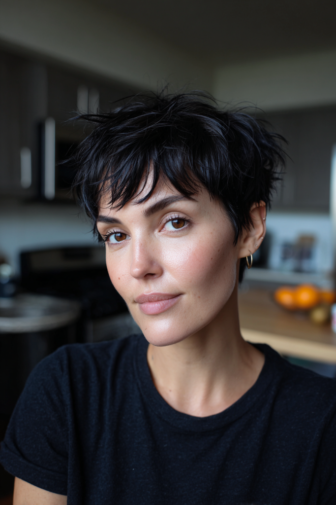 A woman with dark brown eyes wearing a black shirt with a messy dark black tousled pixie cut and short textured fringe.