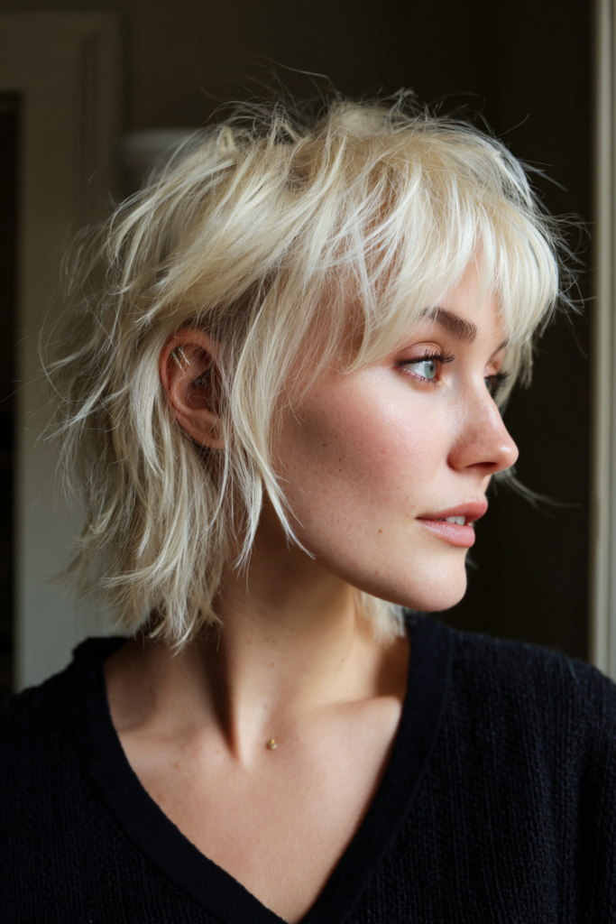 A side profile of a blonde woman wearing a black top with a platinum messy shag bob and wispy bangs.