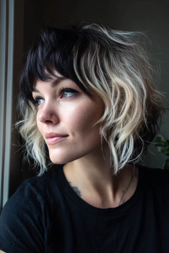A woman looking out a window wearing a black shirt with a two tone black and blonde wavy jaw length bob.
