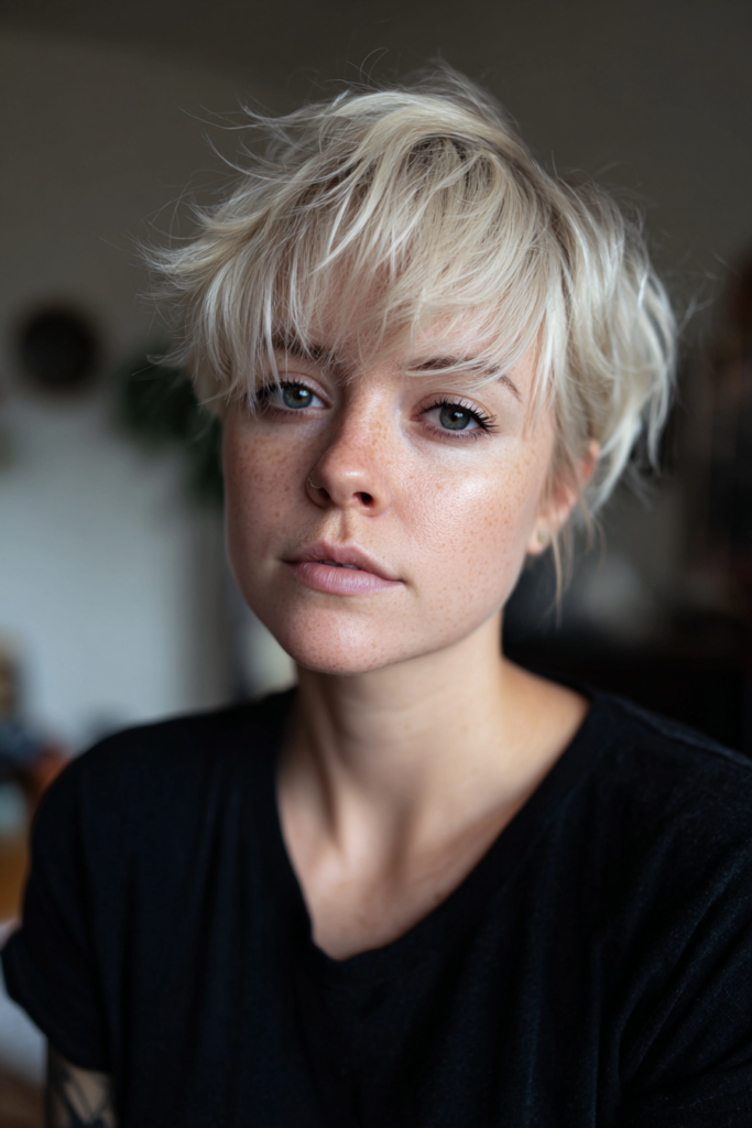 A woman with freckles wearing a black shirt featuring a light platinum blonde wispy pixie crop haircut with soft forward bangs.