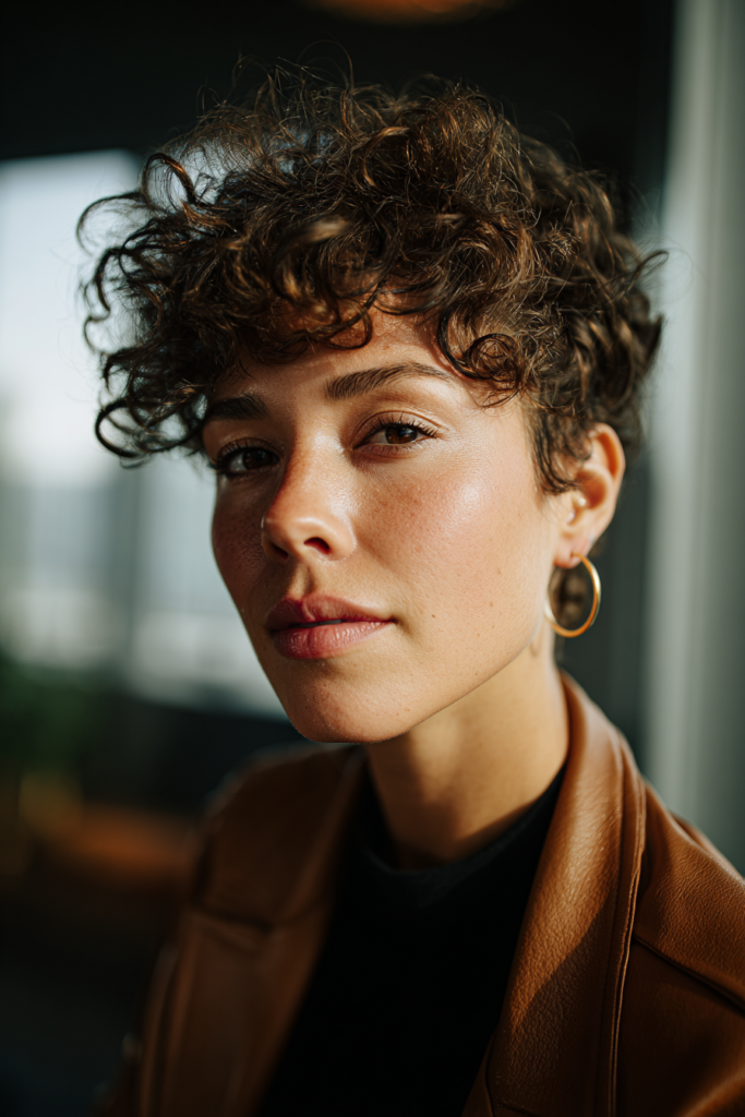 A woman with brown eyes wearing a brown leather jacket with a short voluminous curly pixie haircut featuring forward tumbling ringlets.