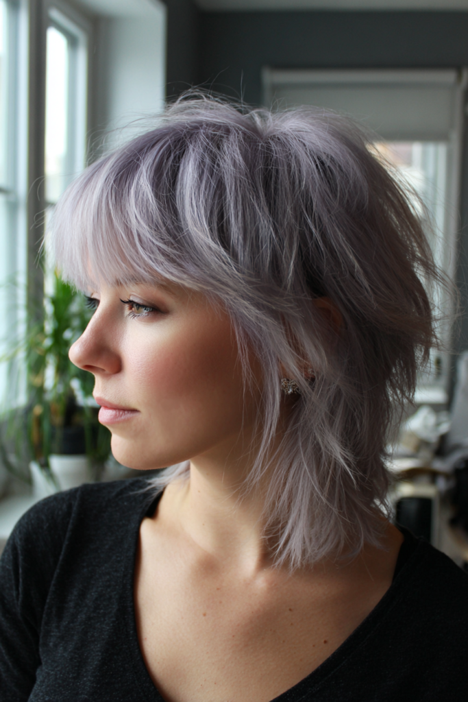 A side profile view of a woman wearing a black top featuring a dusty lavender short wolf cut haircut with full bangs and feathered layers.