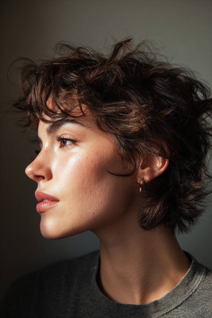 A side profile of a woman with a dark brown messy curly pixie haircut featuring loose ringlets and flicked ends.