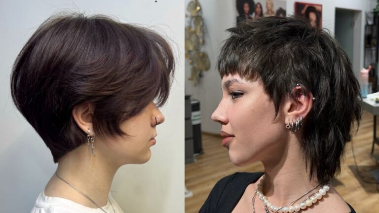 24 Edgy Short Hairstyles for Women With Bold, Modern Style Side-by-side profile comparison showing a voluminous dark brown bixie cut with feathered side layers on the left and an edgy dark brunette mullet with micro bangs and choppy layers on the right.
