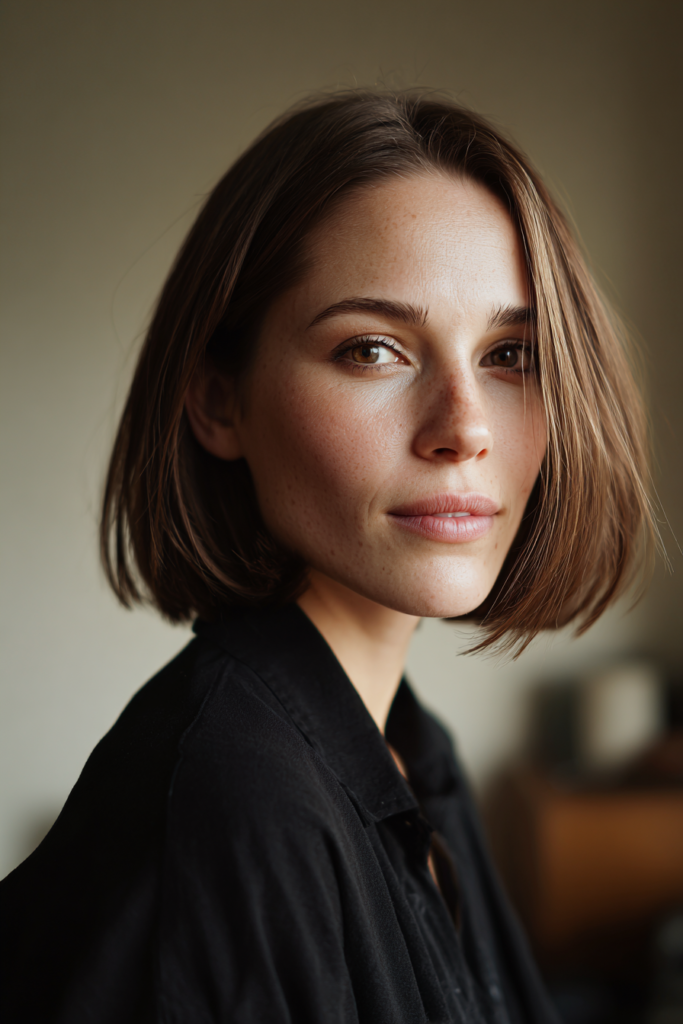 A woman with a sleek chin length brown bob featuring soft honey highlights and gently curved ends.