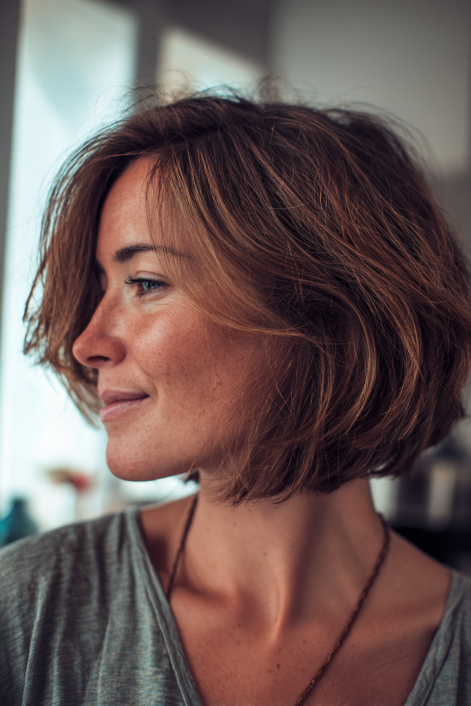 A woman with a textured neck length bob in chestnut brown hair with subtle golden highlights swept to the side.