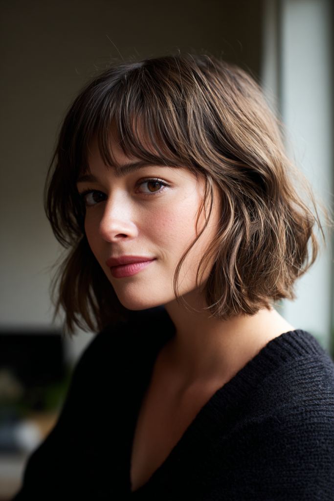 A woman with a medium brown jaw length wavy bob styled with soft full bangs and subtle golden highlights.