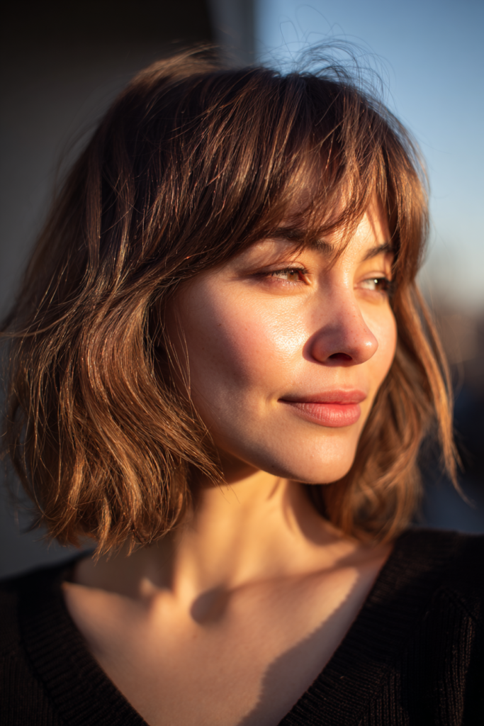 A woman with a warm chestnut brown textured bob featuring soft waves and wispy bangs in golden sunlight.