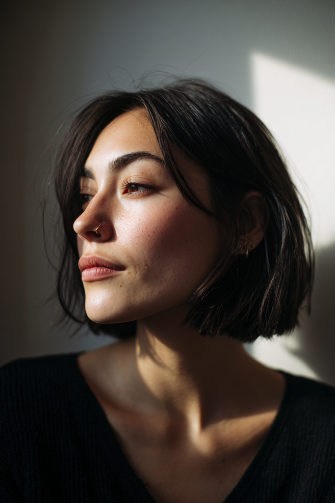 A woman with a sleek dark chocolate brown blunt jaw length bob styled with a side part and ear tuck.