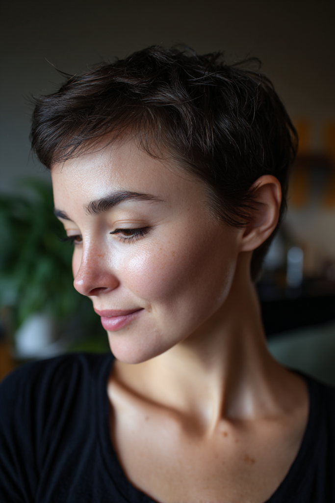 A woman with a soft textured brown pixie cut looks down and smiles gently in warm lighting.