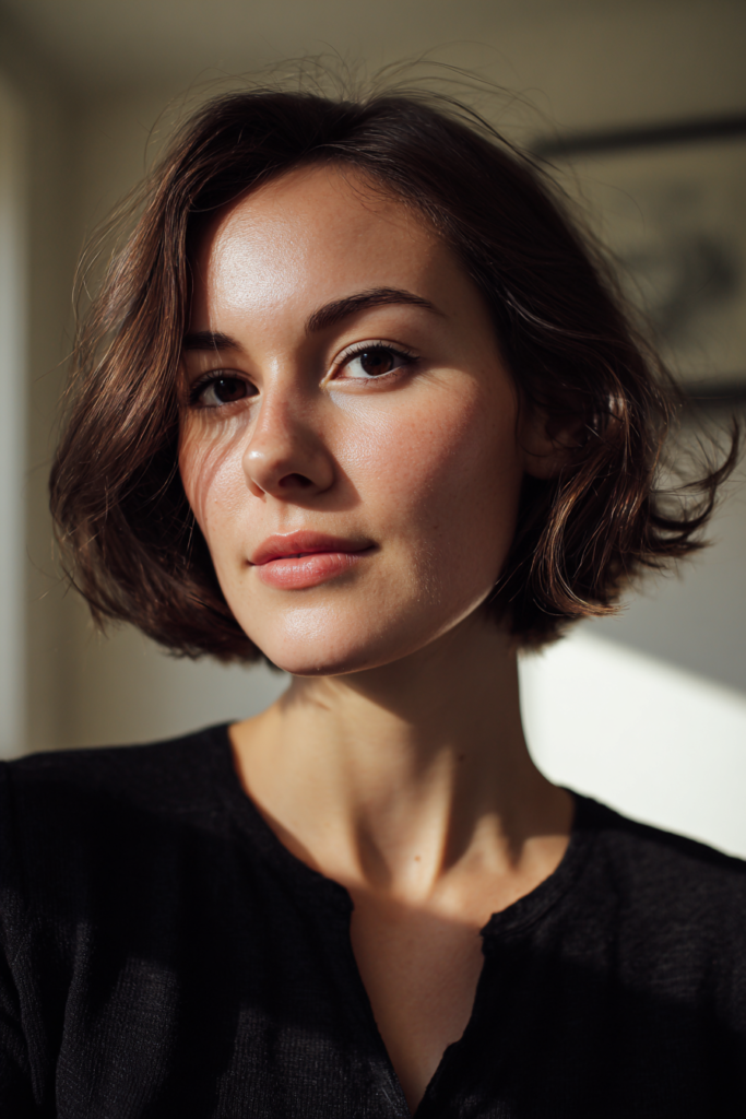 A close up of a woman with a wavy chocolate brown chin length bob and center part in natural light.