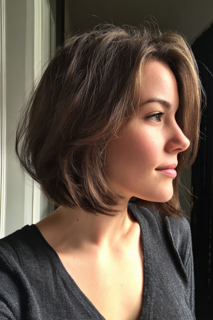 A woman in profile with a smooth ash brown chin length bob swept to the side.