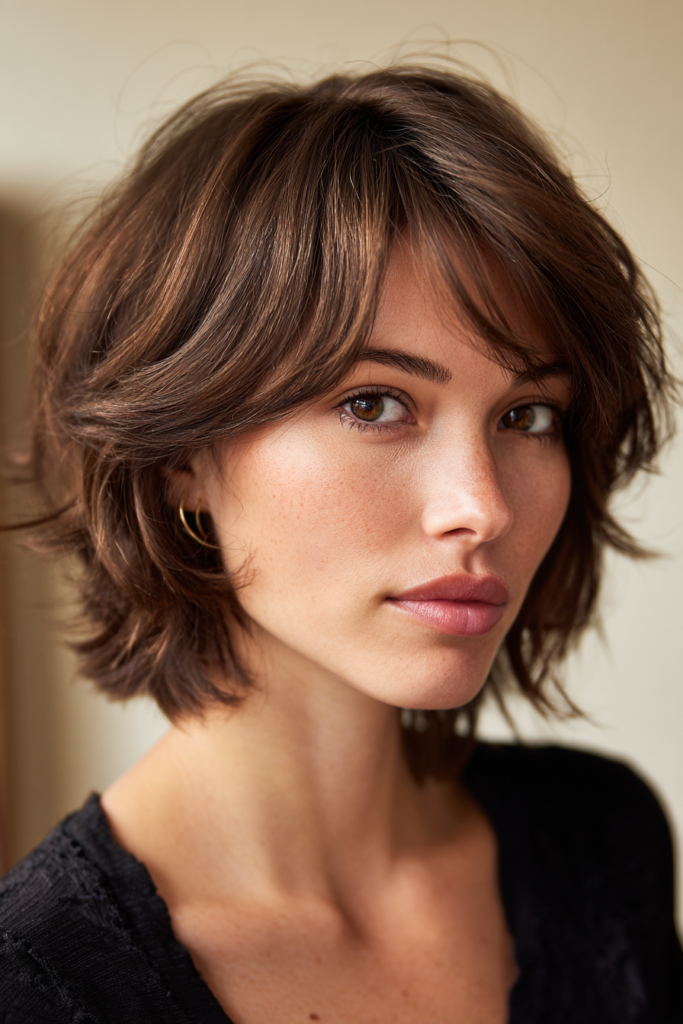 A woman with a layered chocolate brown shaggy bob and curtain bangs.