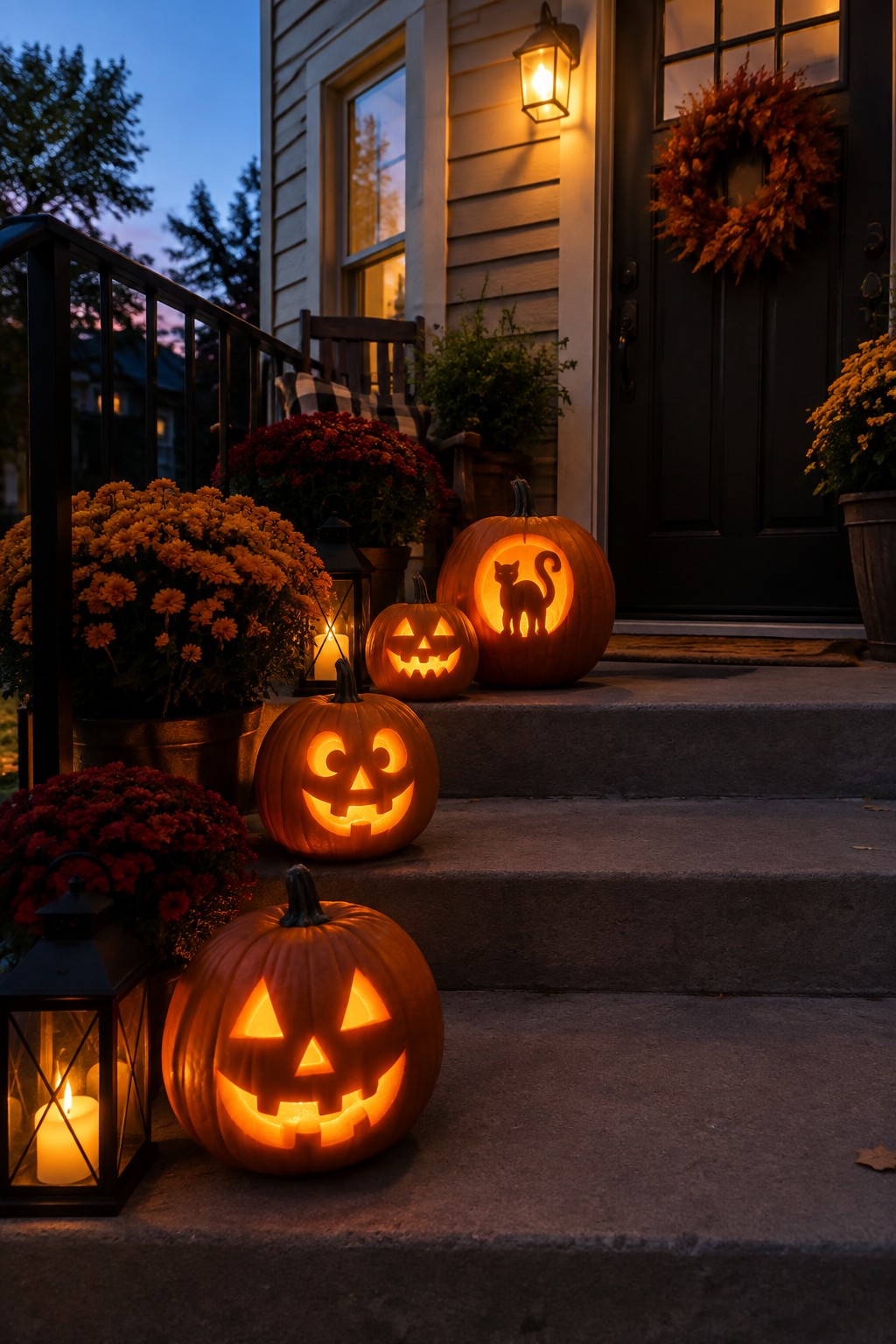 Several lit jack o' lanterns with carved faces placed on concrete porch steps in front of a black door.