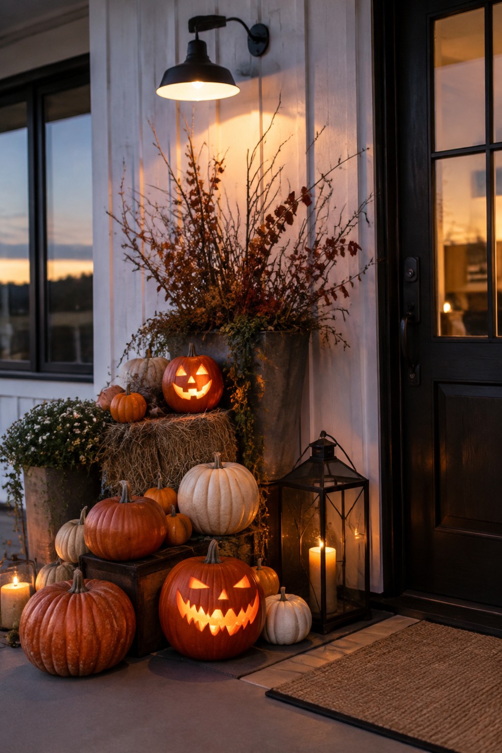 Glowing jack-o'-lanterns and pumpkins on hay bales beside a lantern and black door.