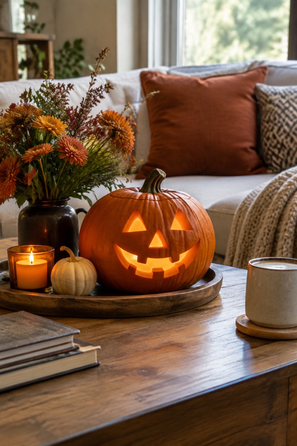 Glowing carved jack-o'-lantern with flowers, candle, and small pumpkin on wooden tray
