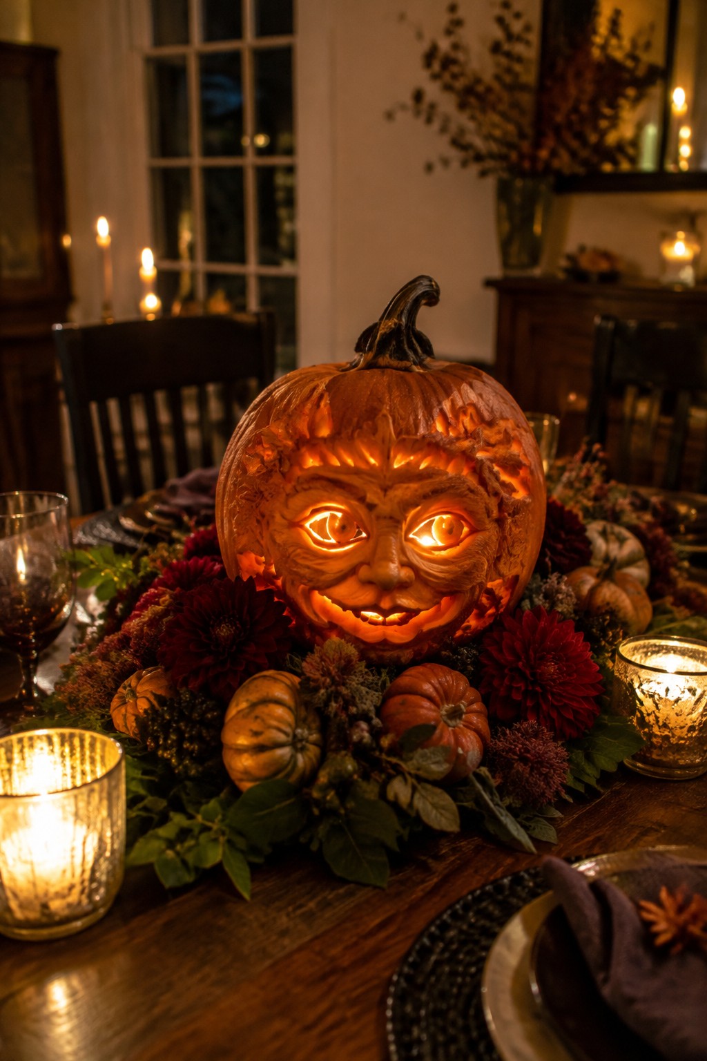 A carved jack o lantern with a glowing face sits as the centerpiece on a wooden dining table surrounded by smaller pumpkins and red flowers.
