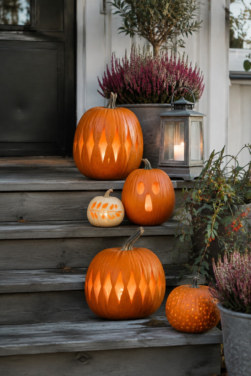 Wooden porch steps lined with several lit jack o' lanterns carved in diamond and face patterns, plus a small white pumpkin and a metal lantern nearby.