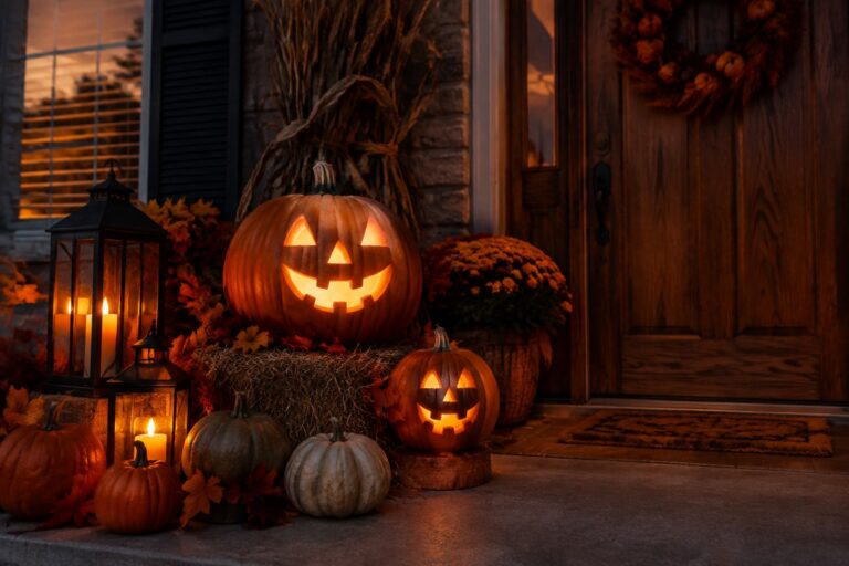 15 Easy Jack O’ Lantern Ideas for Last-Minute Decorating Several carved and lit jack o lanterns arranged on the wooden steps of a front porch beside a stone wall and dark wooden door.