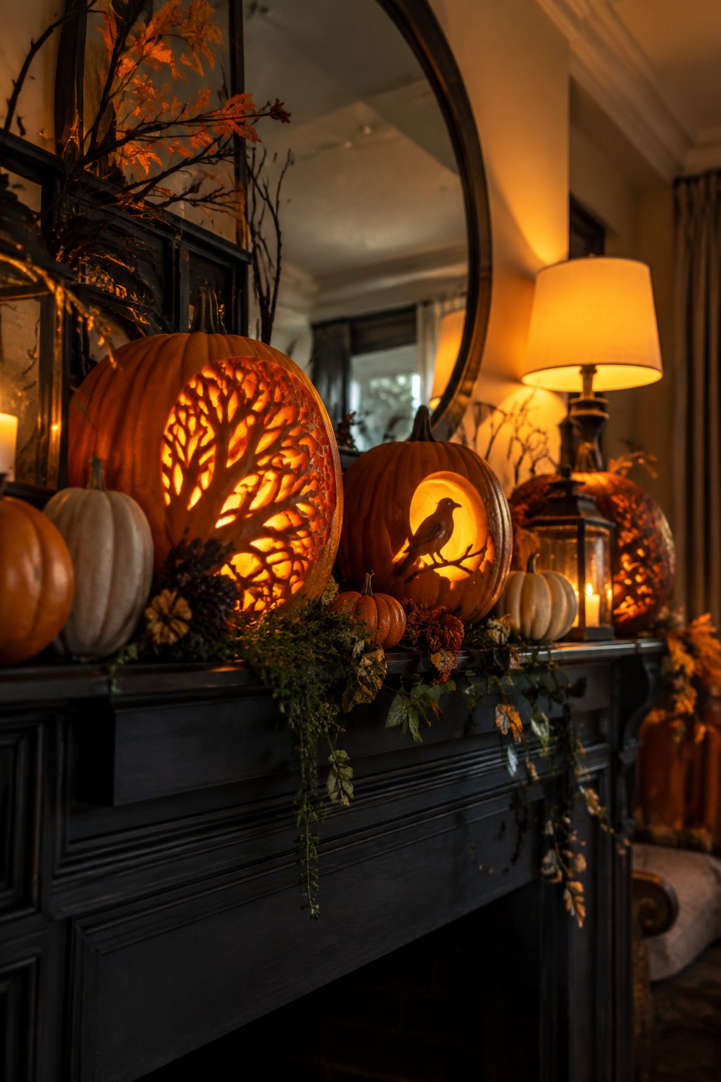 Glowing carved pumpkins with tree and bird designs on dark mantel with autumn garland and lamp