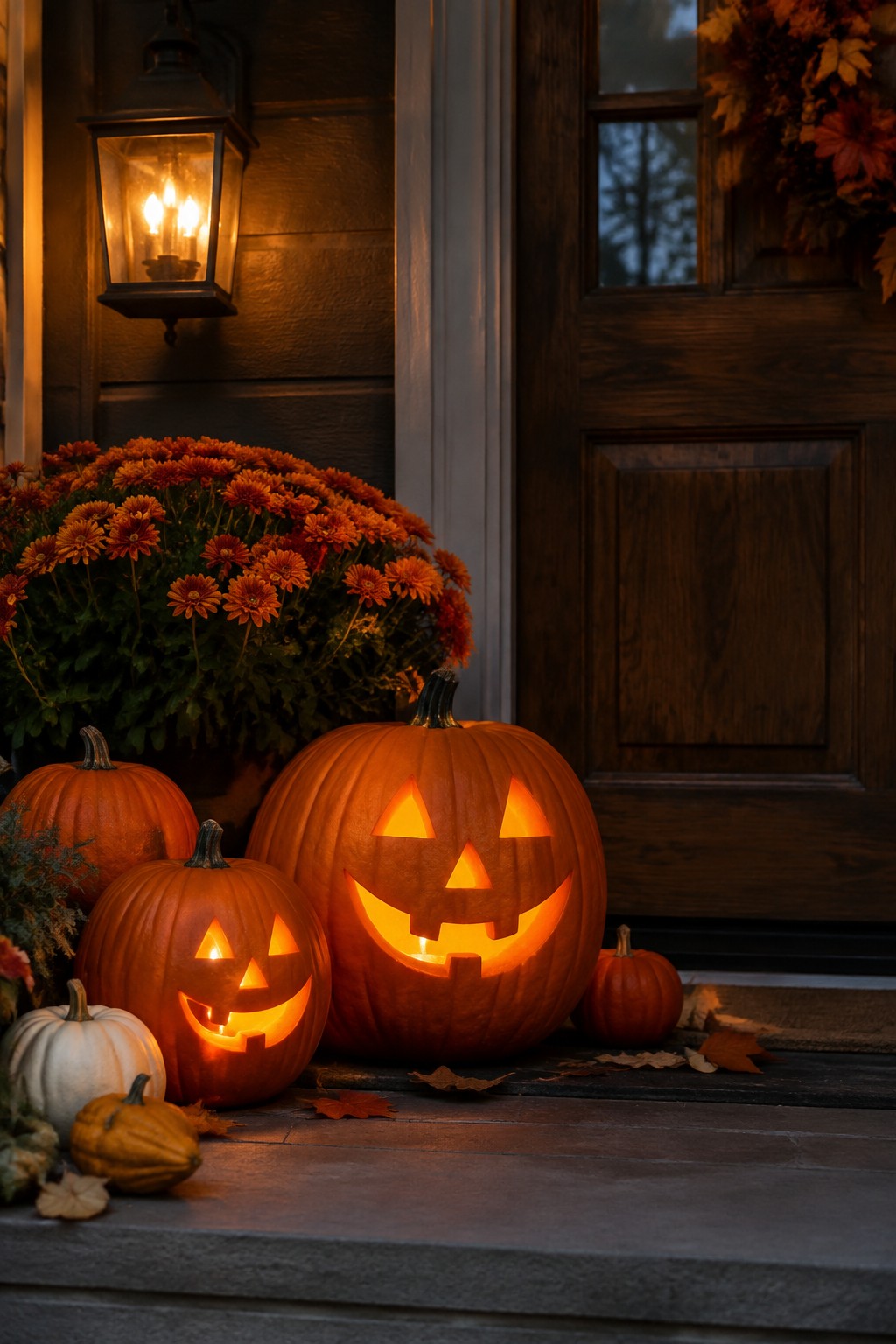 Front entry steps with several carved and lit jack o lanterns of different sizes placed beside orange flowers and a wooden door.