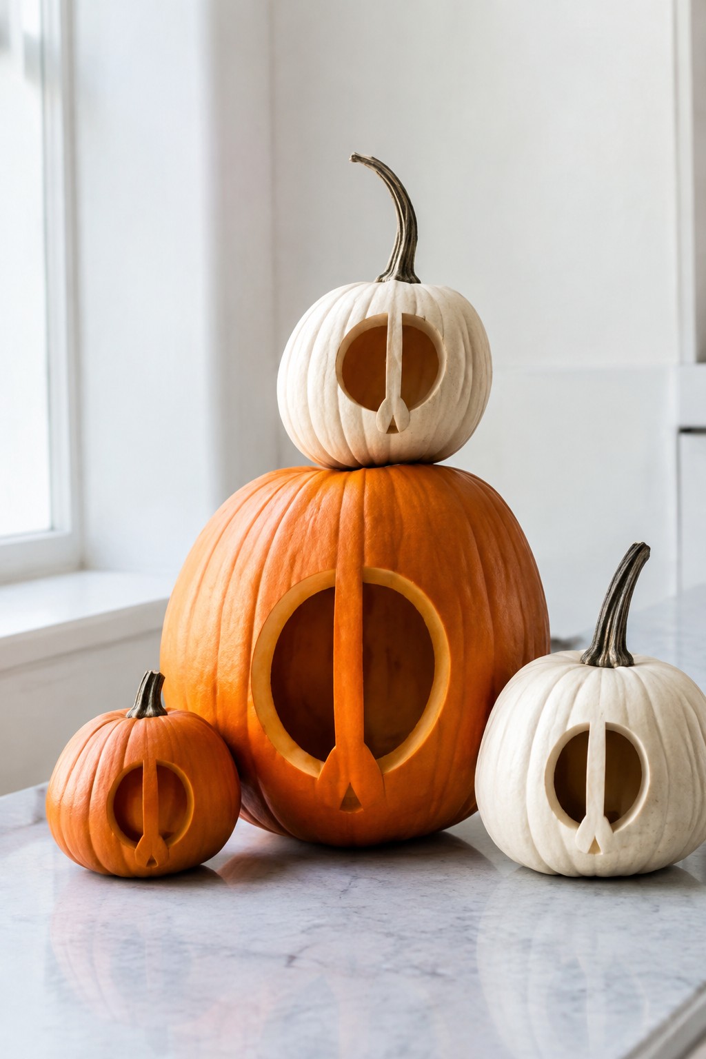 Stacked orange and white carved pumpkins with circular faces on marble counter