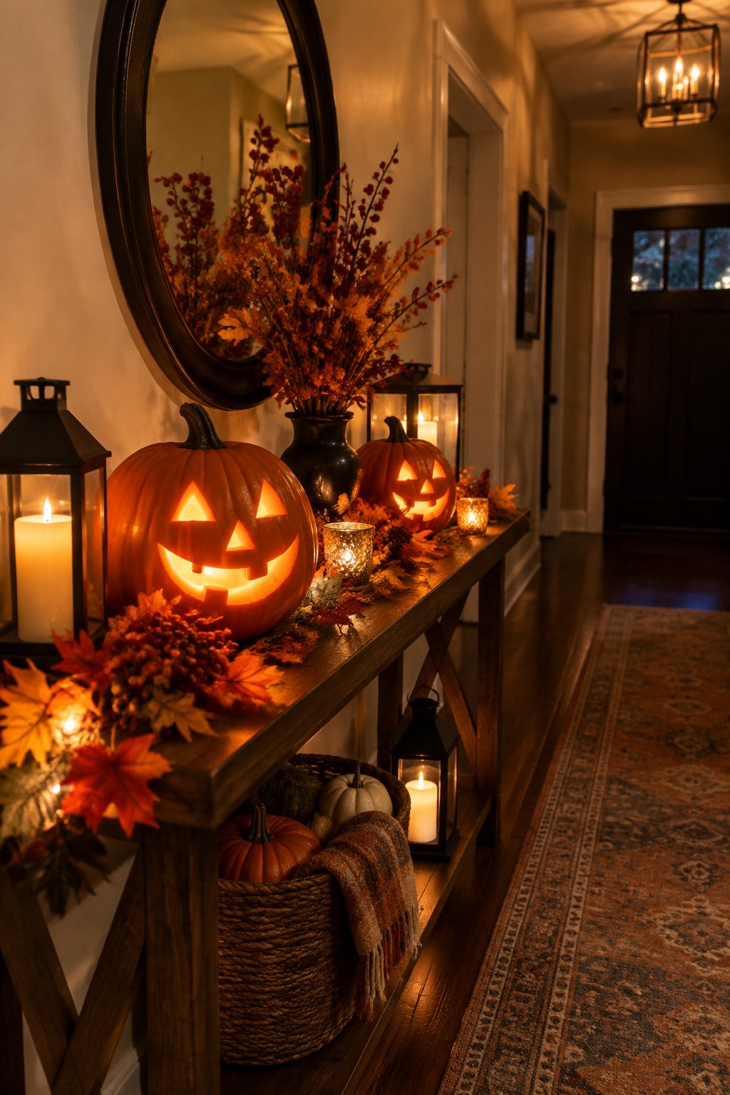 Entryway console table with three carved jack o lanterns, lanterns, and autumn leaves near a round mirror.