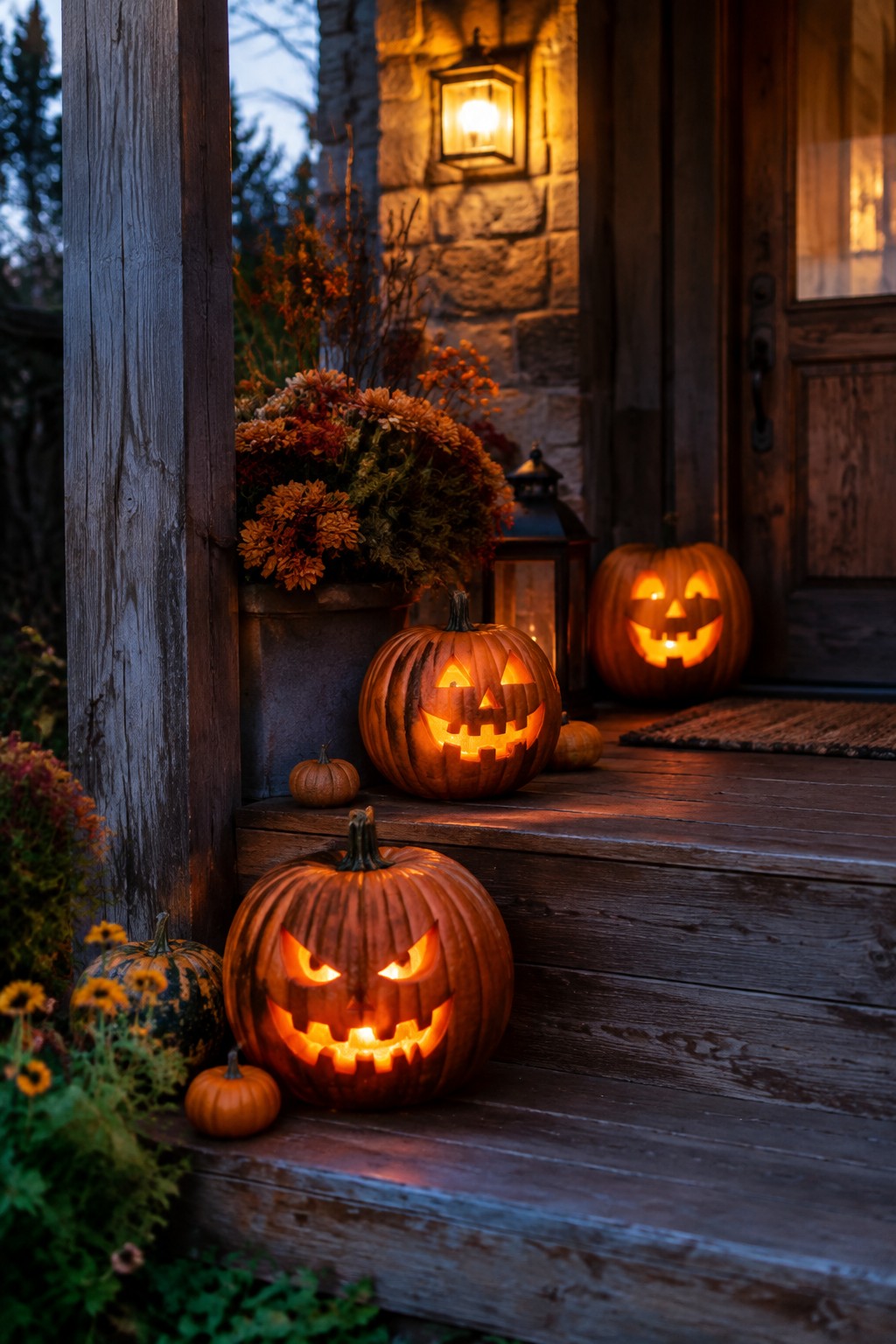 Several carved and lit jack o lanterns arranged on the wooden steps of a front porch beside a stone wall and dark wooden door.