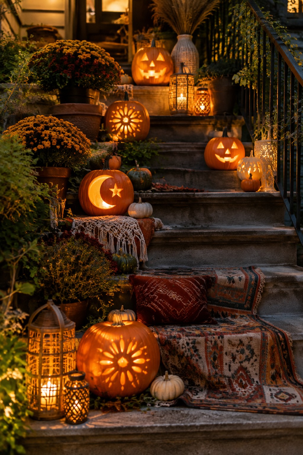 Stone outdoor staircase lined with multiple lit jack o' lanterns featuring carved designs including a crescent moon with star, flower patterns, and traditional faces, plus small lanterns nearby.