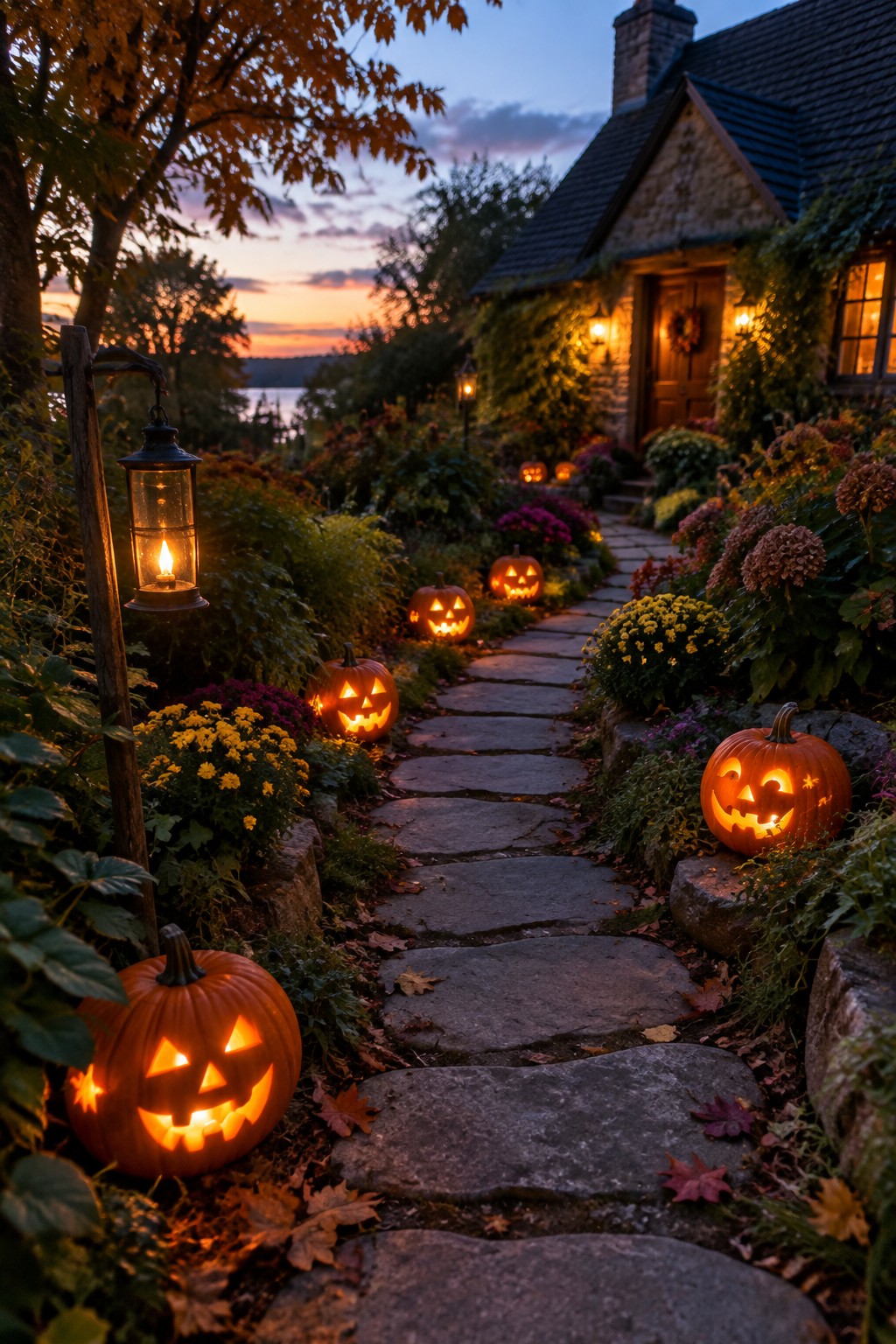 Jack-o'-lanterns line stone path to vine-covered cottage at autumn twilight