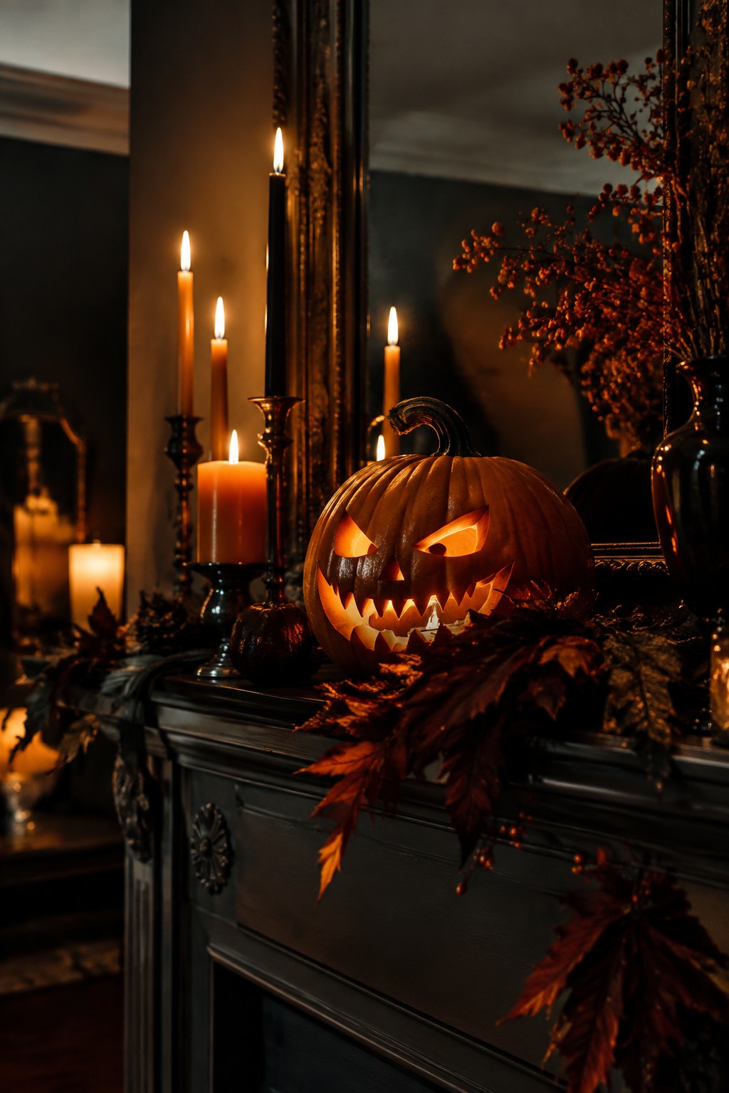 Glowing jack-o'-lantern on dark mantel with lit candles and autumn leaves.