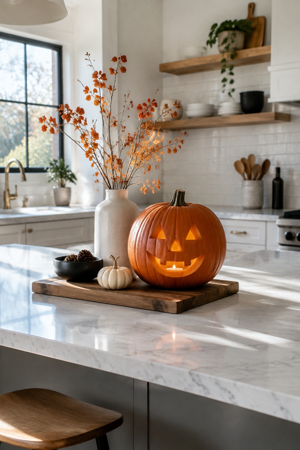 A carved and lit jack o' lantern sits on a wooden board on a white marble kitchen island.
