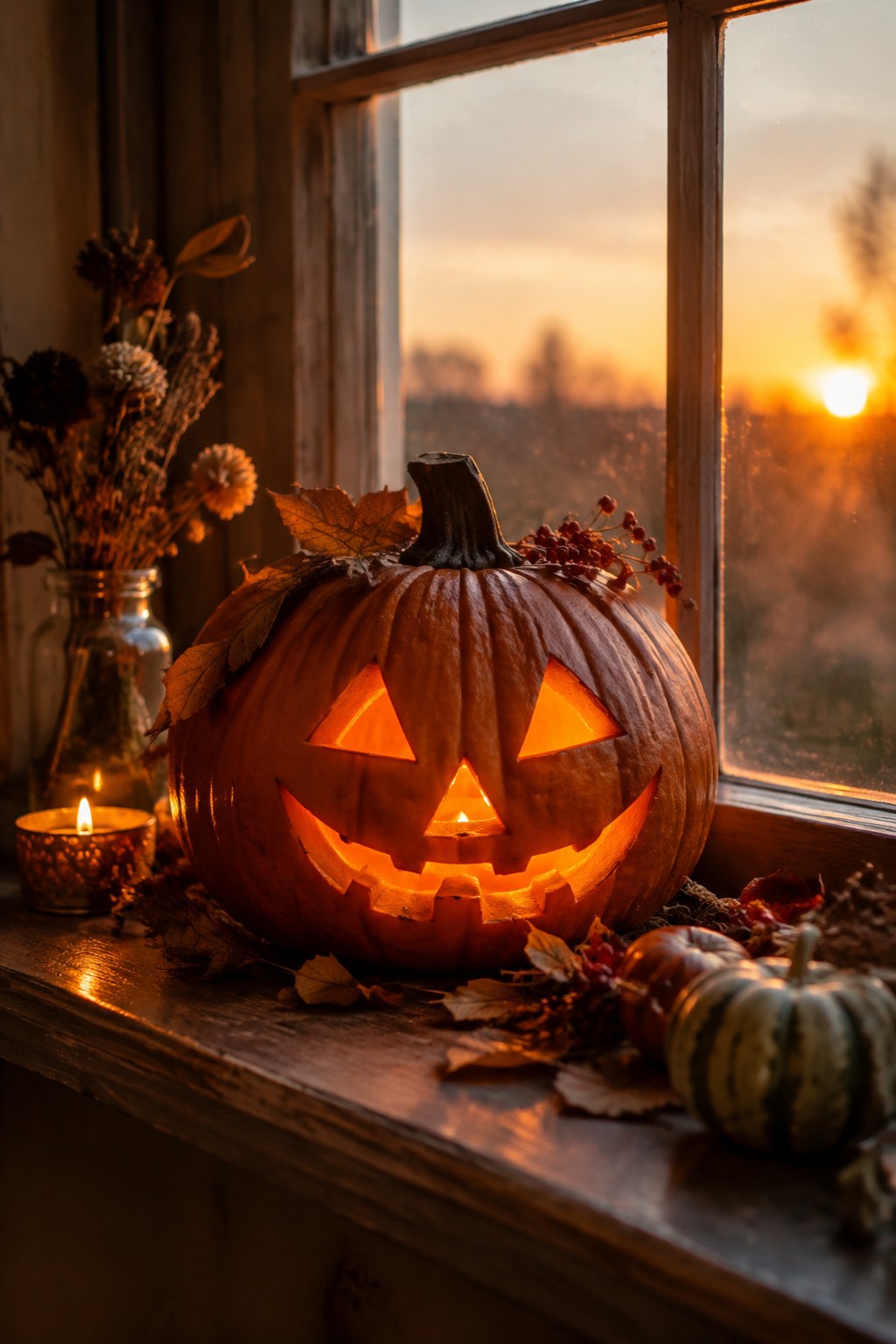 A carved jack o lantern with a glowing face rests on a wooden windowsill beside smaller gourds, autumn leaves, and a lit candle.