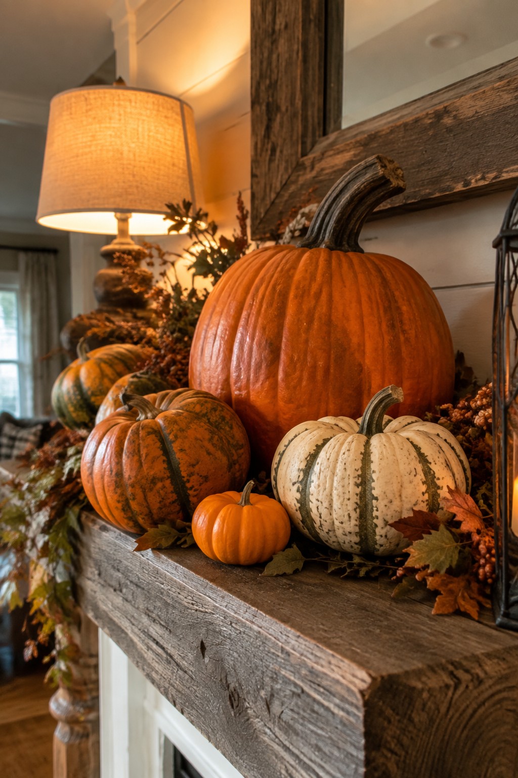 Wooden mantel topped with a large orange pumpkin, smaller green-striped pumpkins, and one tiny orange pumpkin surrounded by autumn leaves.