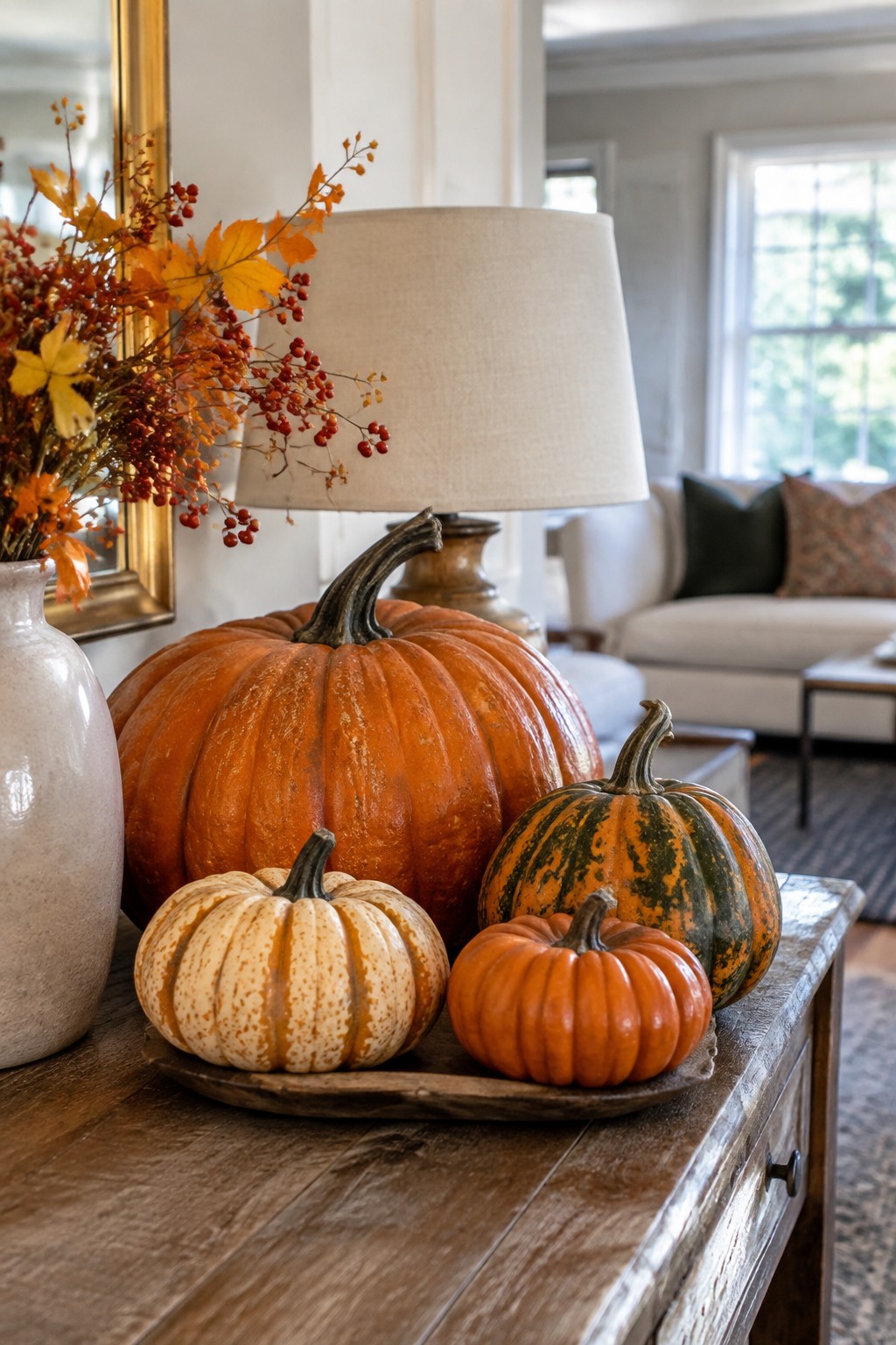 A wooden tray on a rustic table holds four pumpkins in varying sizes and colors, including orange, striped green and orange, and white with orange speckles, next to a vase with autumn branches.