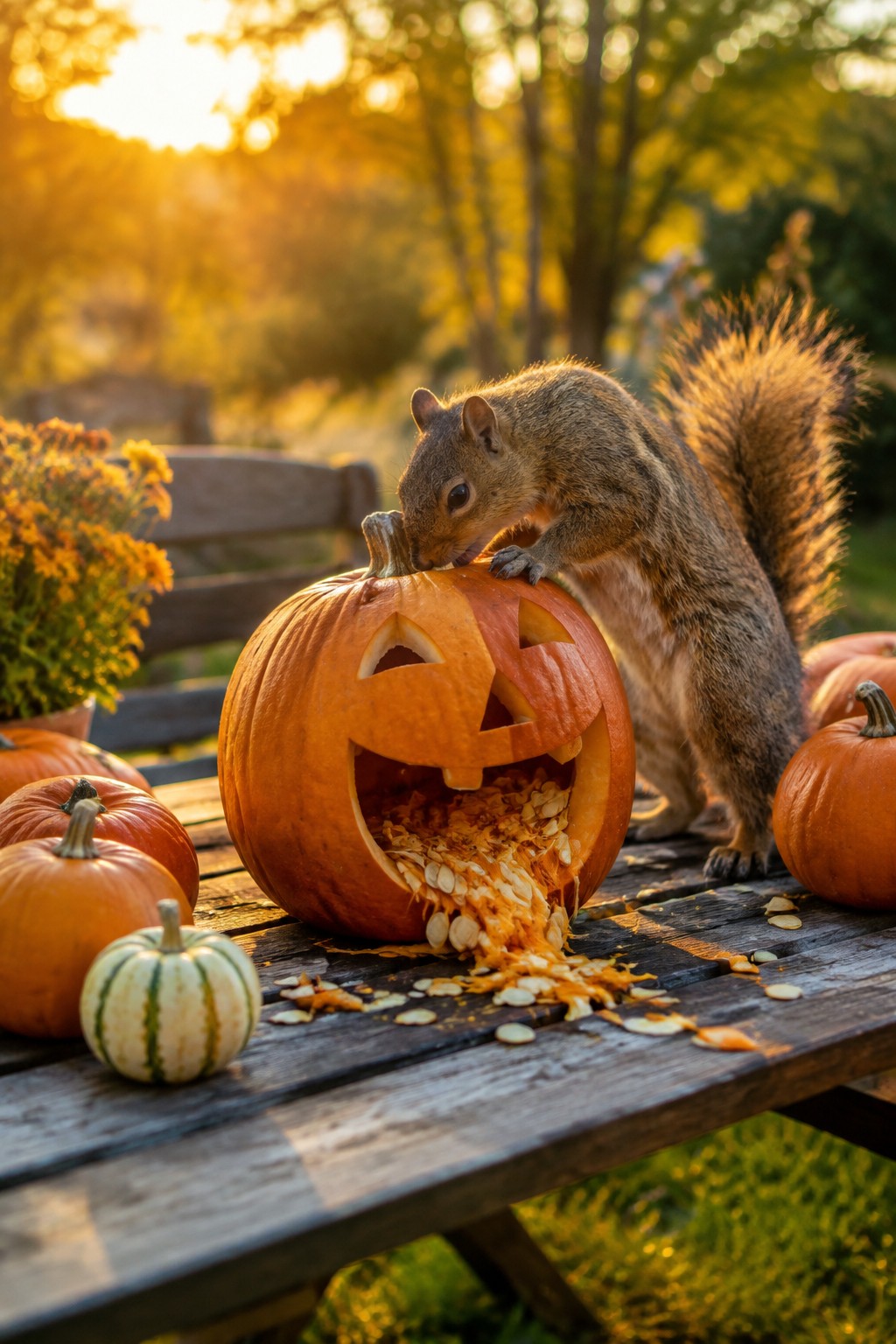 Squirrel on wooden table eats from carved pumpkin with seeds spilling out at sunset