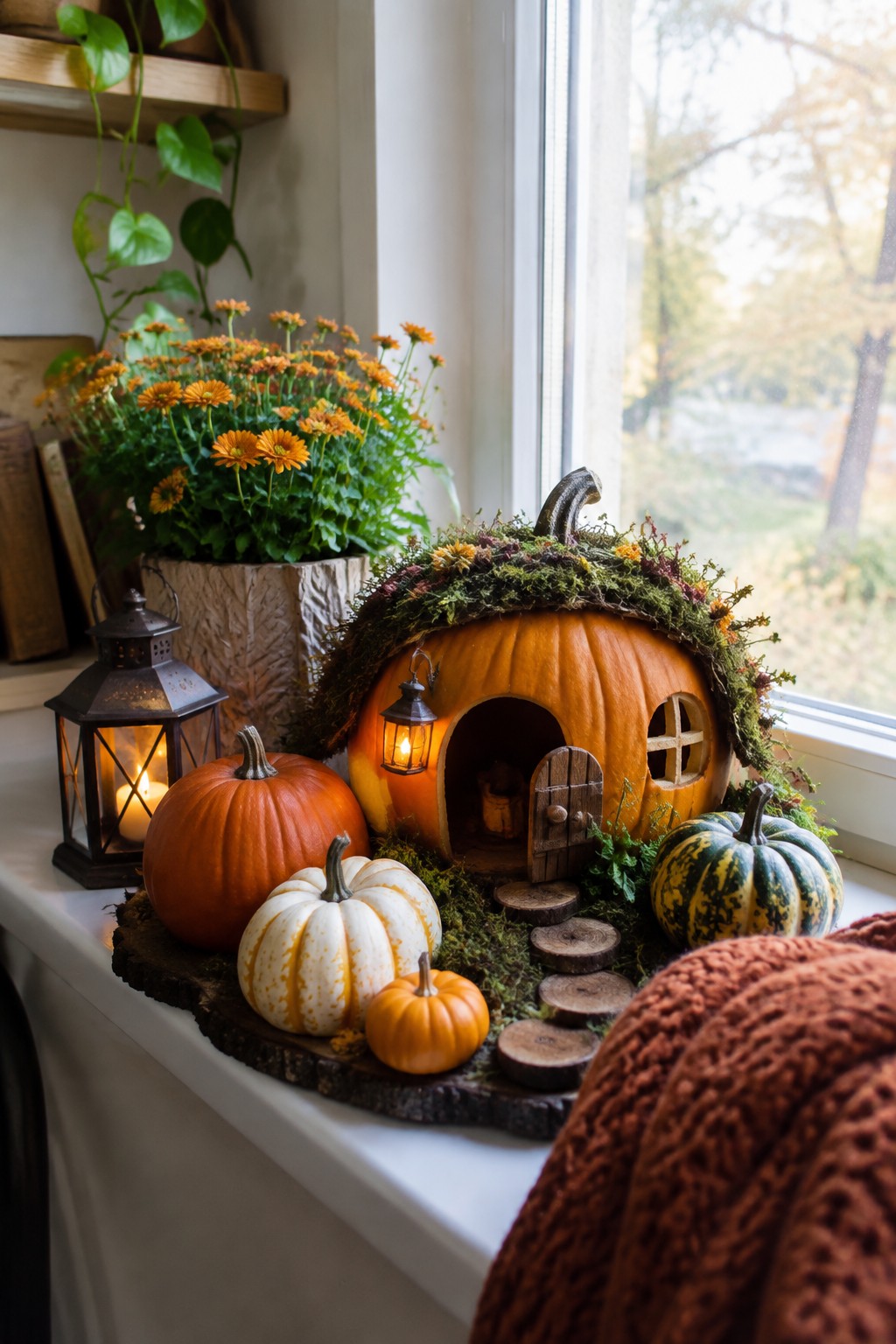 A large orange pumpkin carved into a miniature house with a wooden door, window, and moss-covered roof sits on a windowsill surrounded by smaller pumpkins and lanterns.
