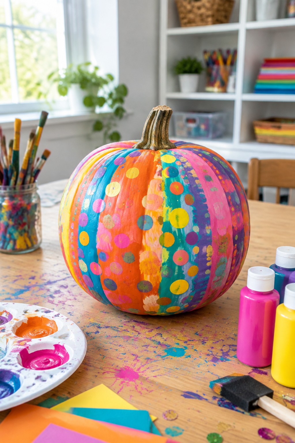 A pumpkin painted with rainbow stripes and multicolored polka dots sits on a paint-splattered wooden table surrounded by art supplies.