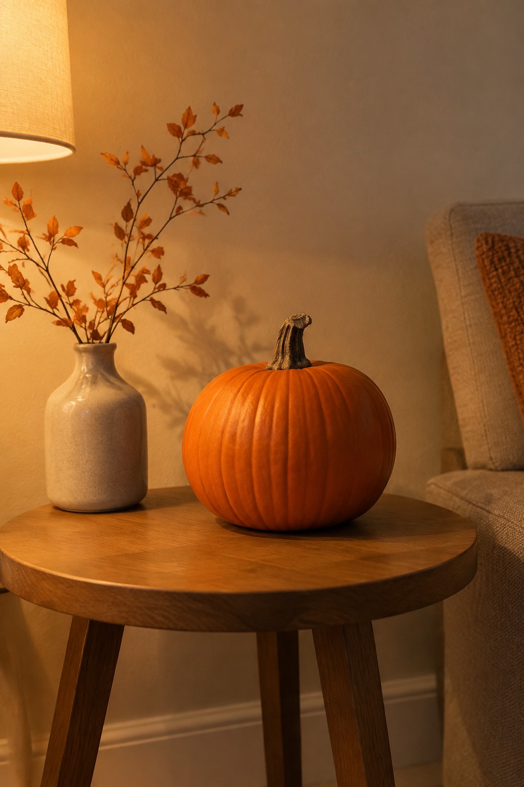 Small round wooden table with a bright orange pumpkin and a ceramic vase holding dried orange leaves.
