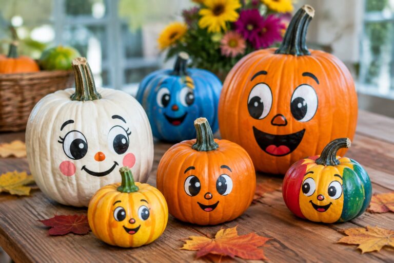 15 Fun Pumpkin Decorating Ideas for Kids to Make Large smiling pumpkin with googly eyes amid colorful small gourds on wooden table