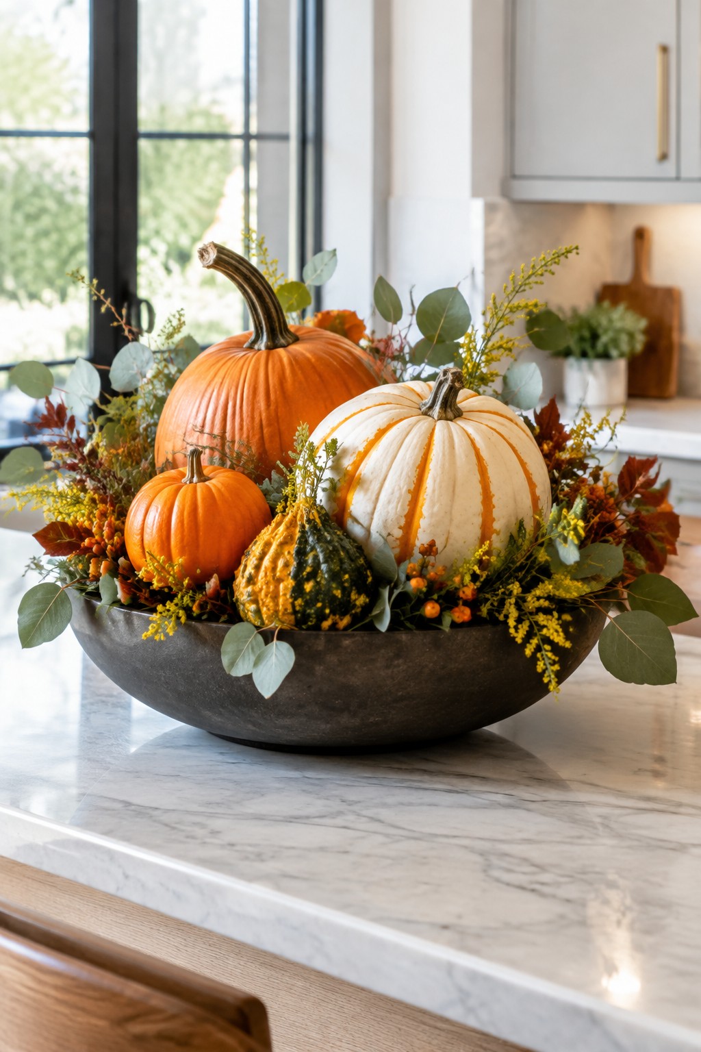 Dark bowl on a marble kitchen counter holding several pumpkins of different sizes and colors mixed with autumn leaves and small yellow flowers.