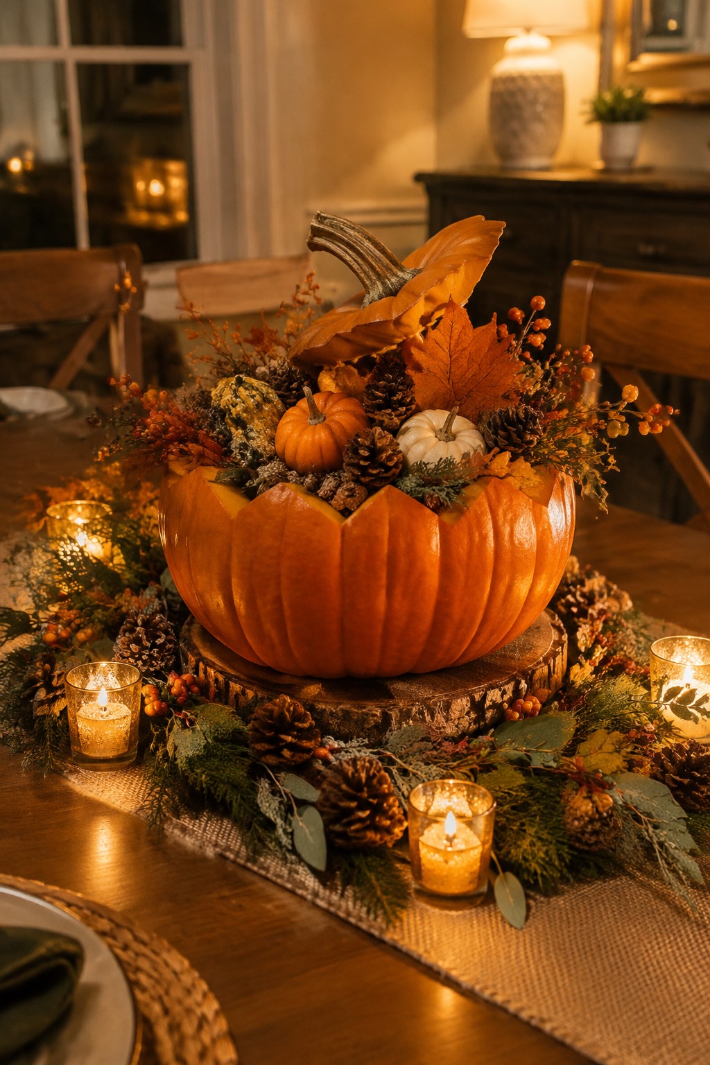 Large hollowed orange pumpkin filled with smaller pumpkins, gourds, pinecones, and autumn leaves on a wooden slab, surrounded by lit candles on a dining table.