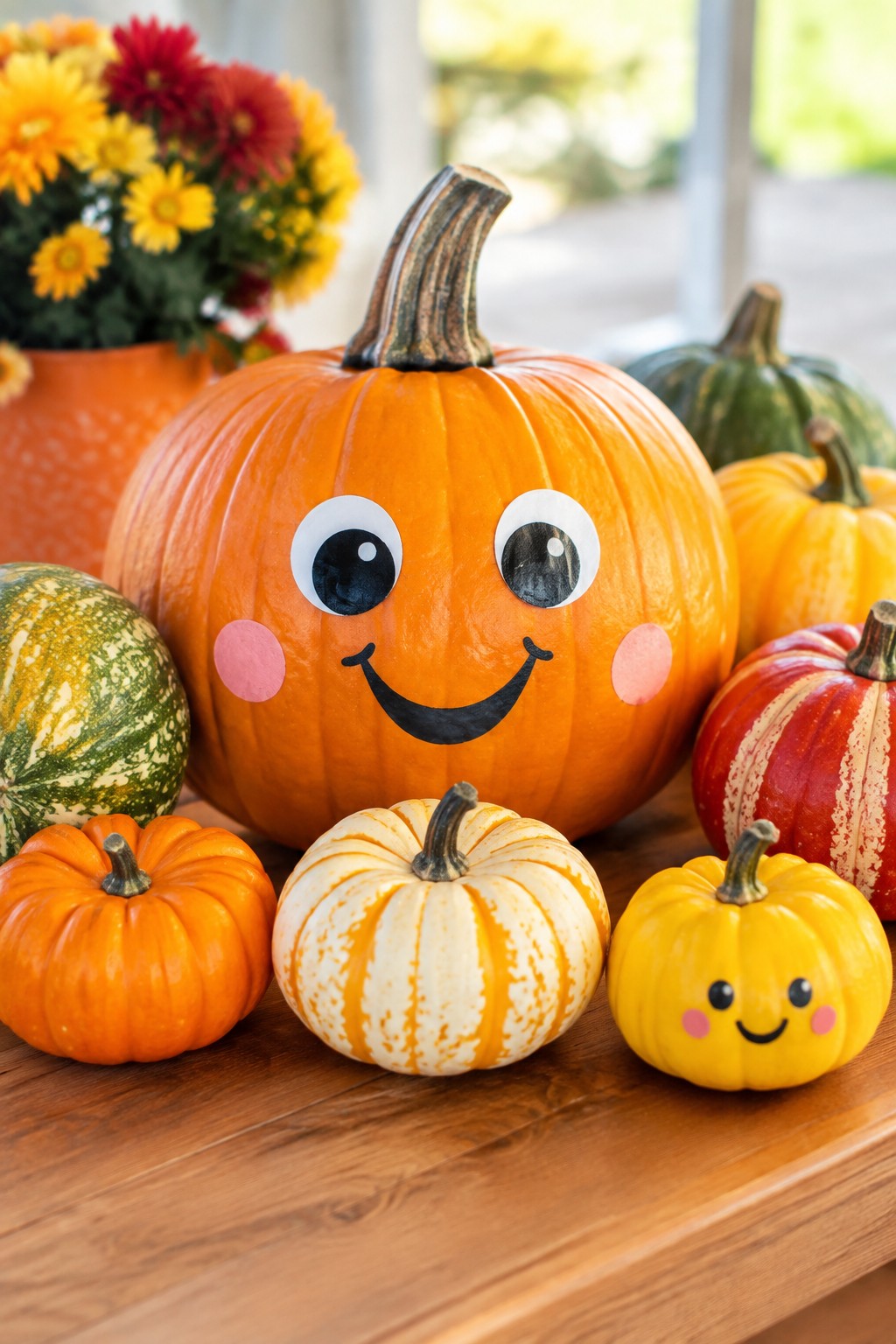 Large smiling pumpkin with googly eyes amid colorful small gourds on wooden table