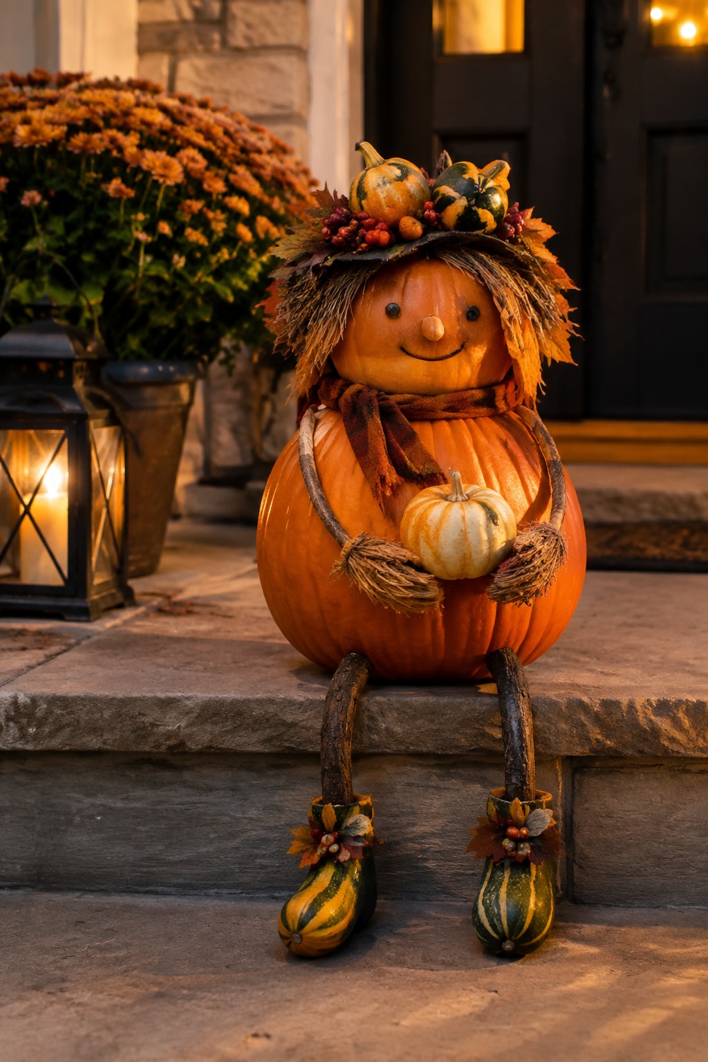 Large orange pumpkin decorated as a seated figure with stick arms and legs, holding a small white pumpkin, wearing a plaid scarf and leaf hat, placed on stone steps beside a lit lantern.
