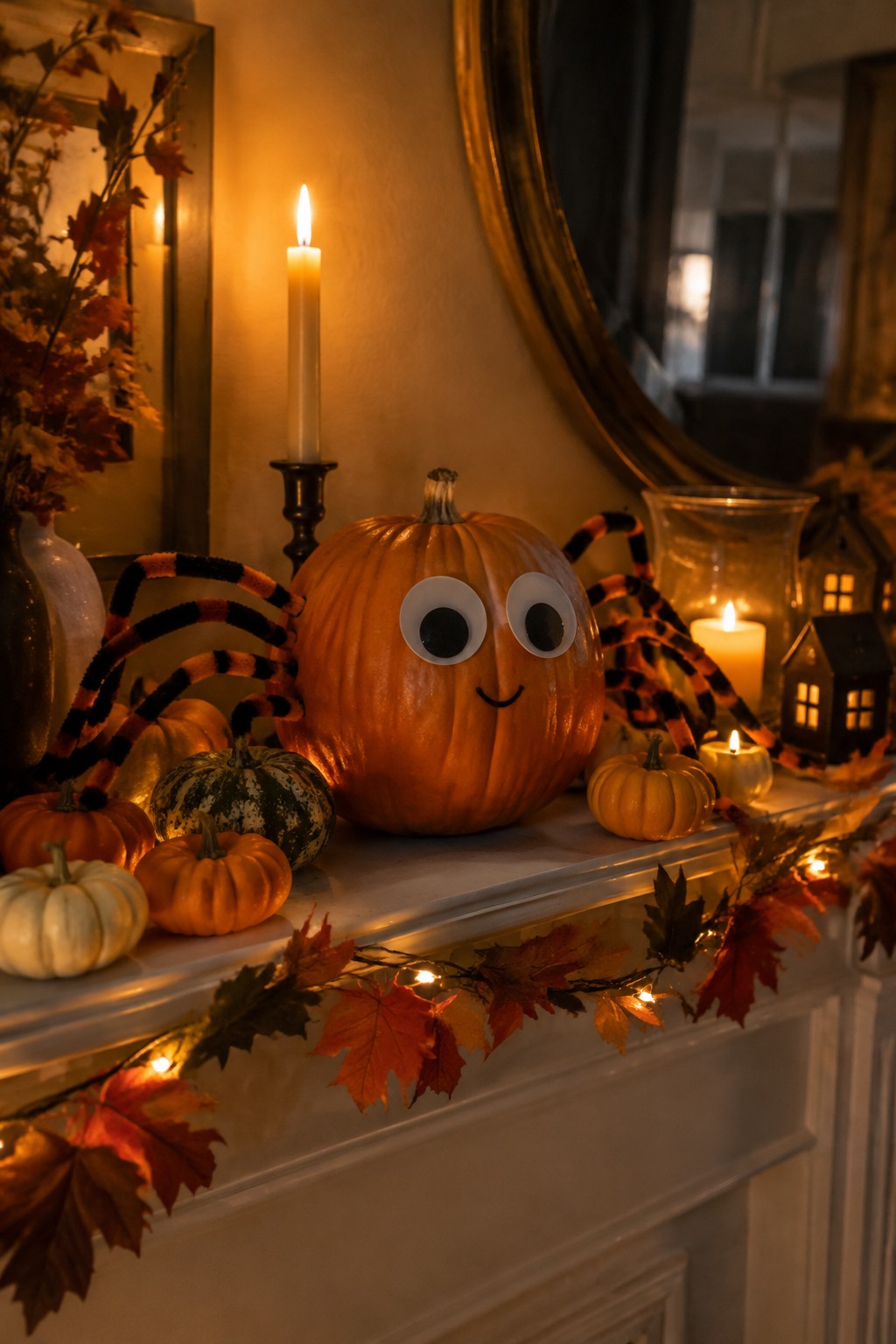A large orange pumpkin with googly eyes and black and orange pipe cleaner legs styled as a spider sits on a white mantel with smaller pumpkins and fall leaves.