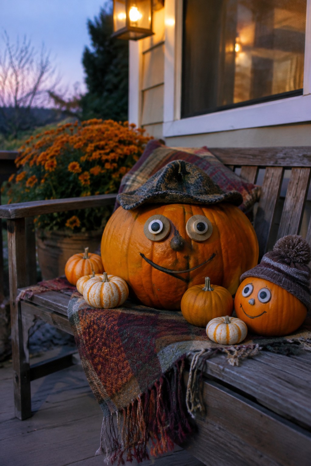 Wooden bench on a front porch holding a large pumpkin with a plaid hat and googly eyes along with smaller pumpkins wearing knitted hats and faces.