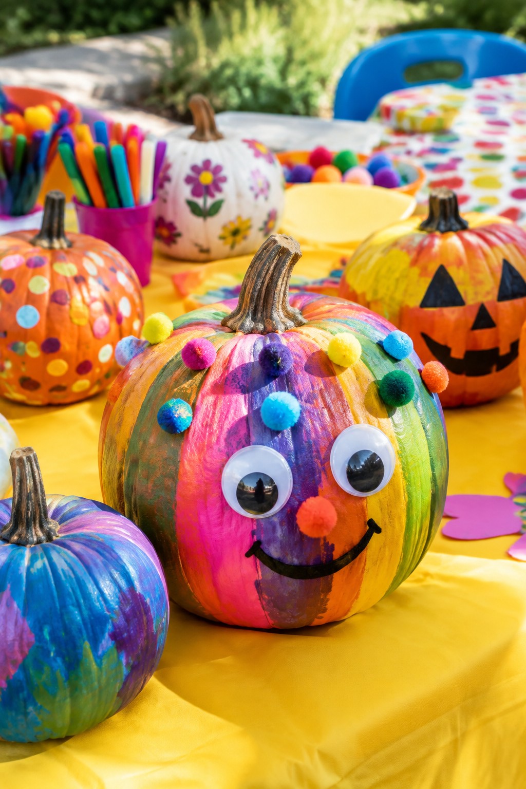 Painted pumpkins on a yellow table, with one rainbow-striped pumpkin decorated with googly eyes and colorful pom-poms.